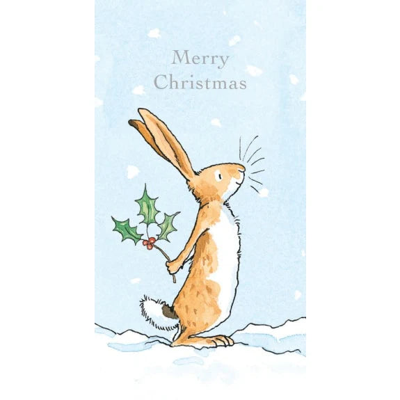 Christmas card with a rabbit holding holly and 'Merry Christmas' text on a light blue background.