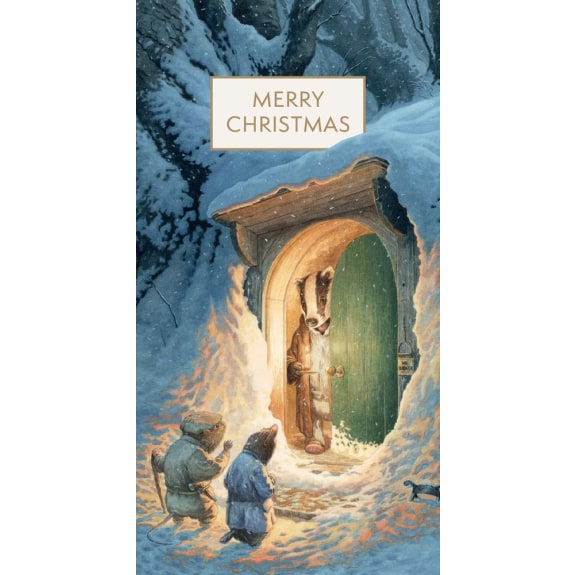 Christmas money wallet with badger, Mole and Ratty from wind in the willows by a snowy cabin entrance, featuring 'Merry Christmas' text.