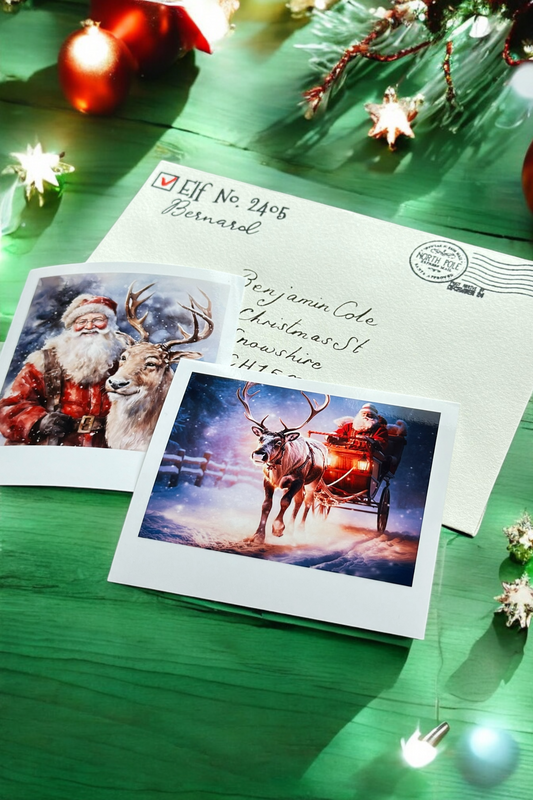 Handwritten Santa letter with Polaroid photos and red wax seal on festive green table