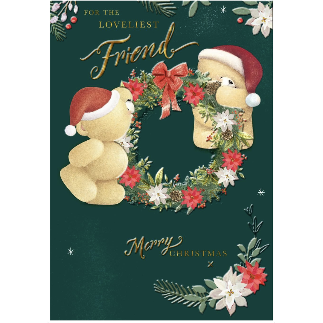 Christmas card with two bears wearing Santa hats and a wreath, surrounded by flowers and text.