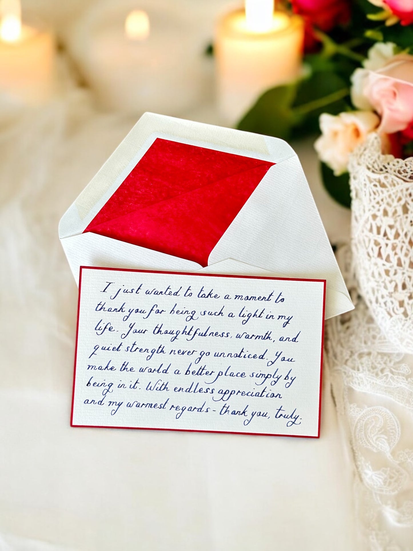 Red Handwritten Flat Card with Tissue-Lined Envelope