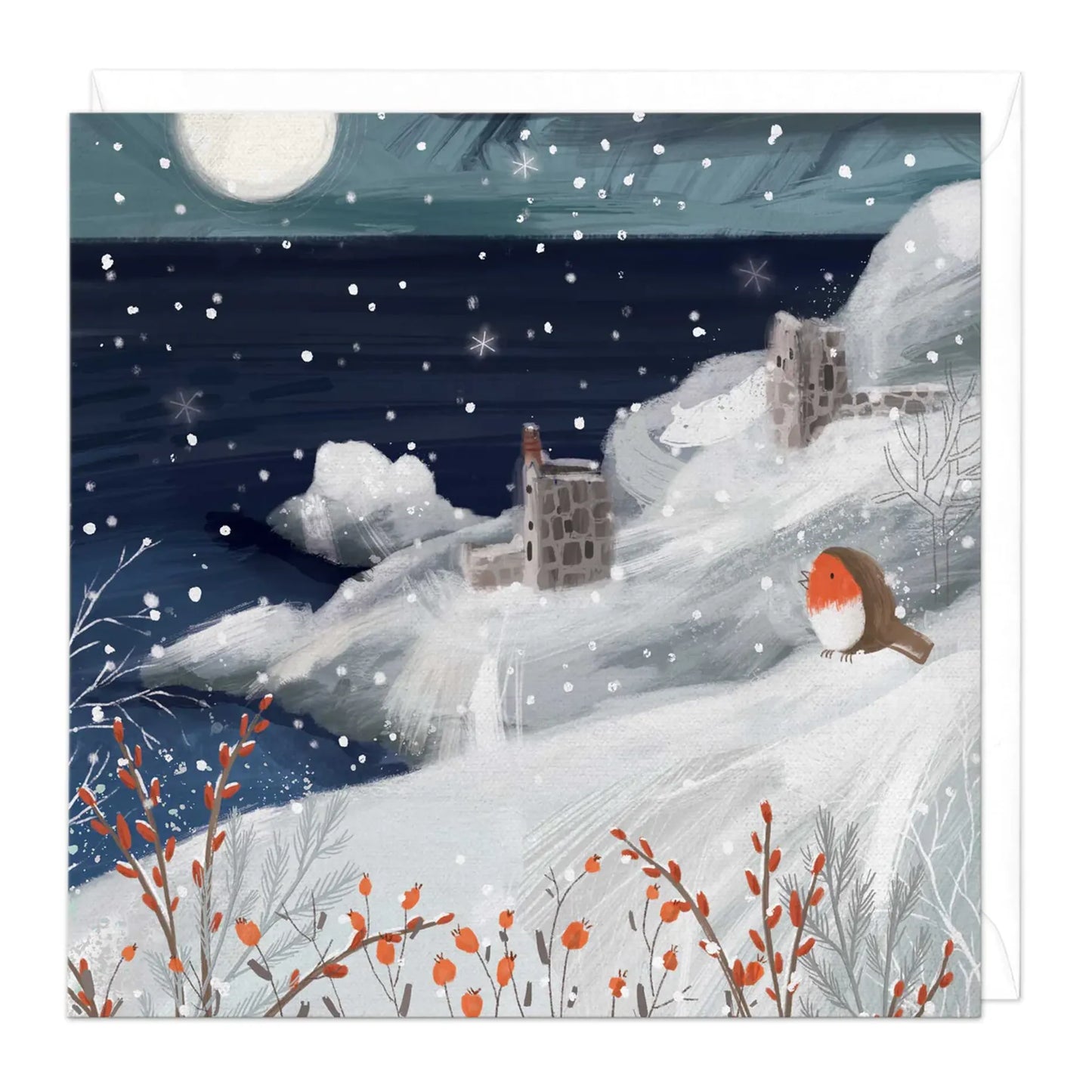 Robin by the Coast Christmas Card – Festive Scene