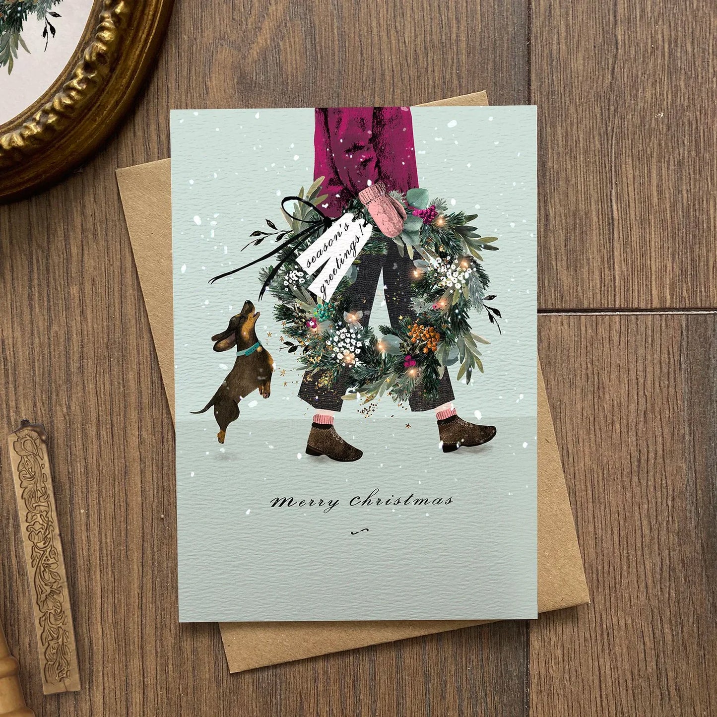 sausage dog christmas card with wreath