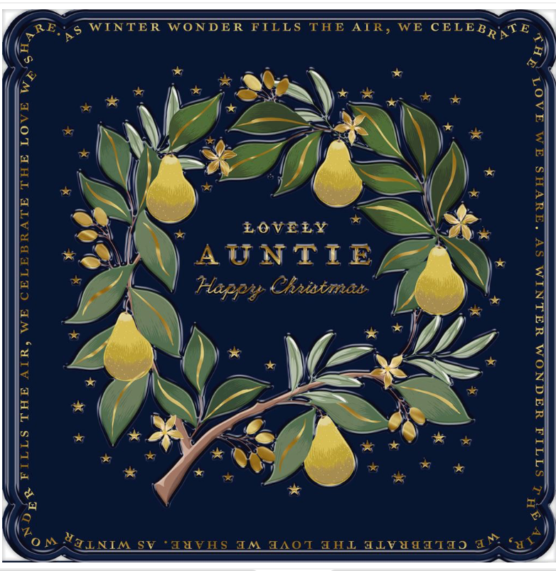 Decorative Christmas card with pears, leaves, and text on a dark blue background