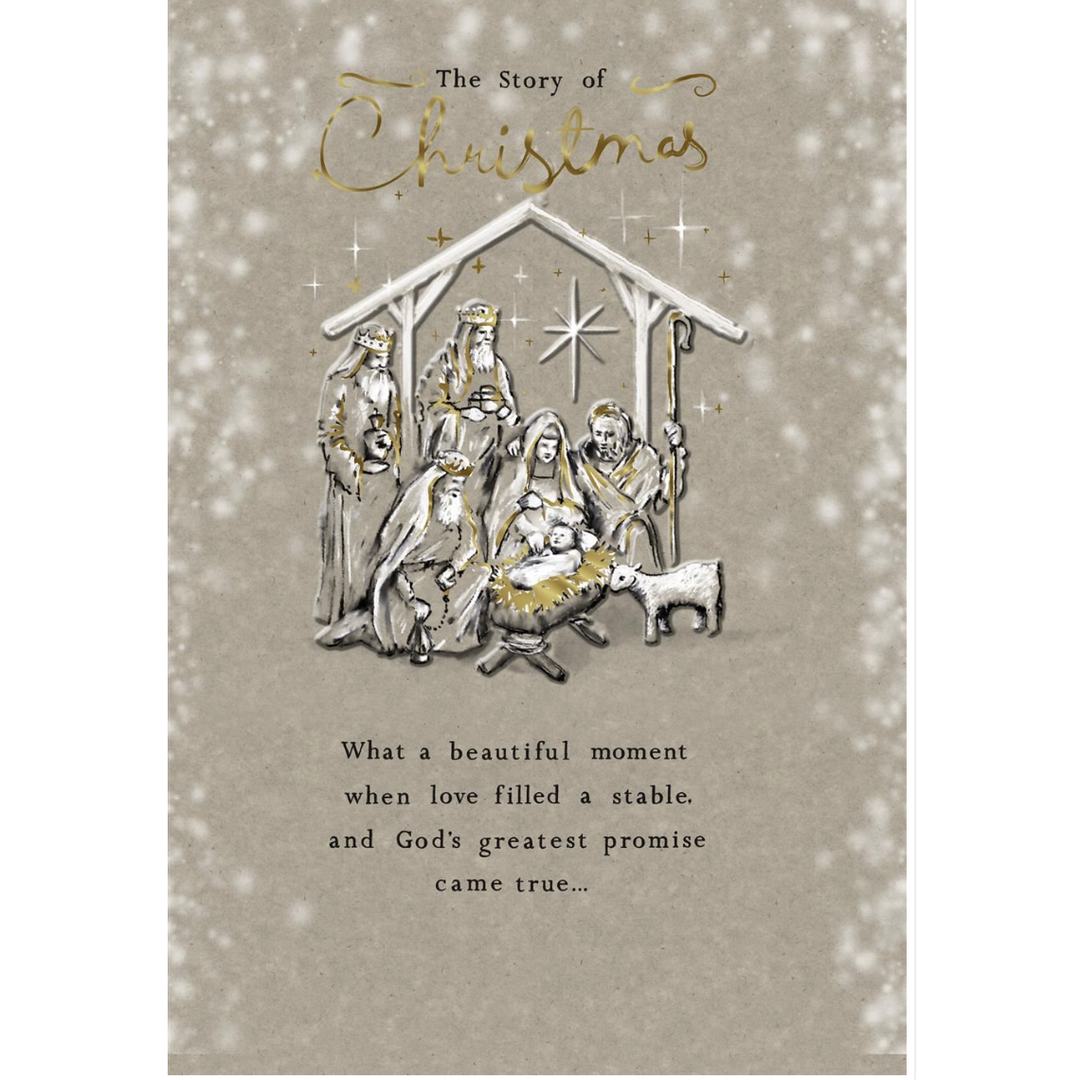 Nativity scene illustration with text on a beige background