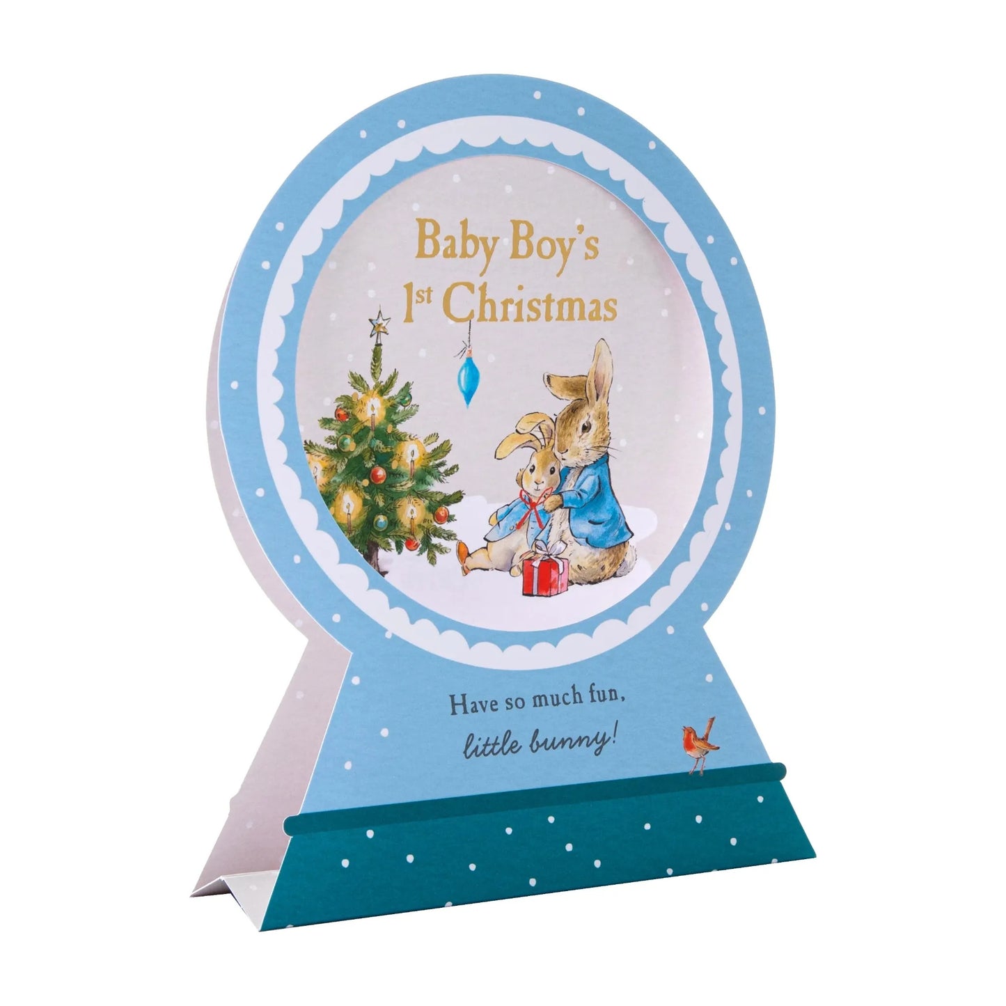 Decorative item for Baby Boy's First Christmas with illustrations of bunnies and a tree.