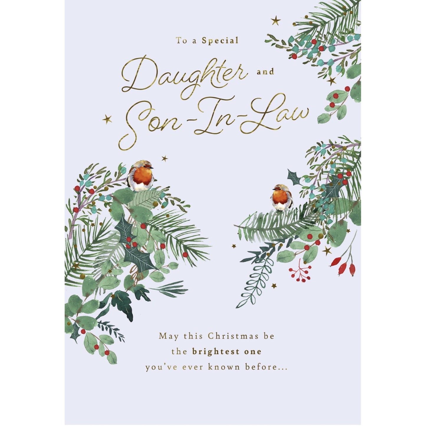 Christmas card for a daughter and son-in-law with festive design and text.