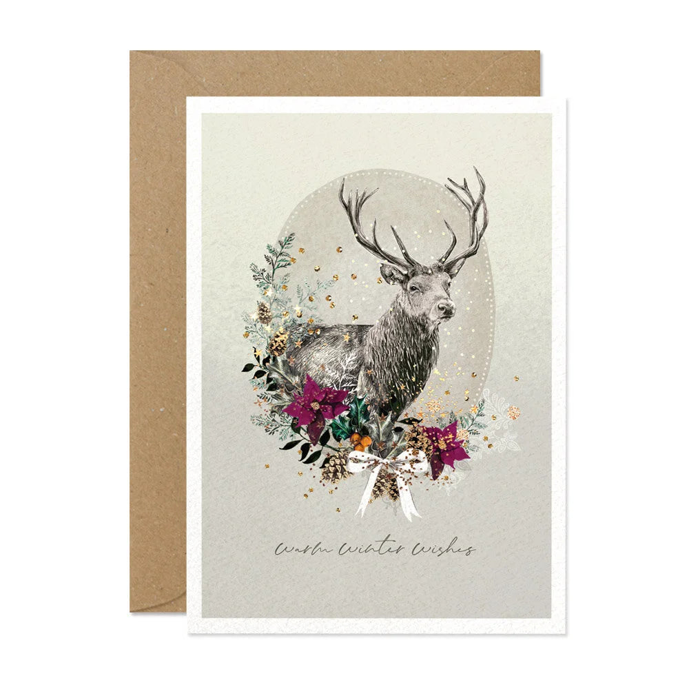 Greeting card with a deer illustration and floral elements on a beige background