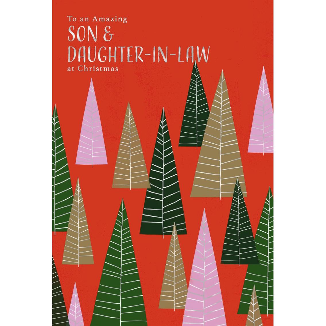 son and daughter in law card with christmas trees on red background