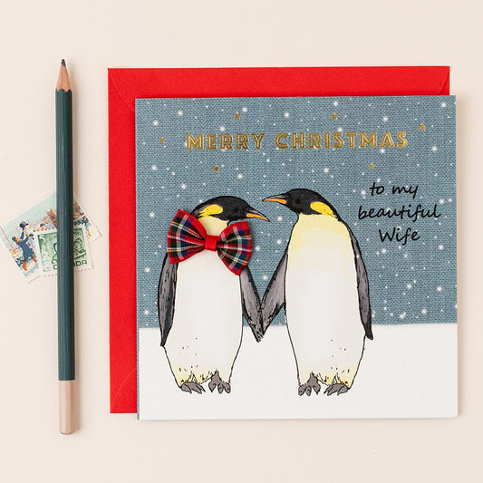 Christmas card for Wife – Penguins with tartan bow