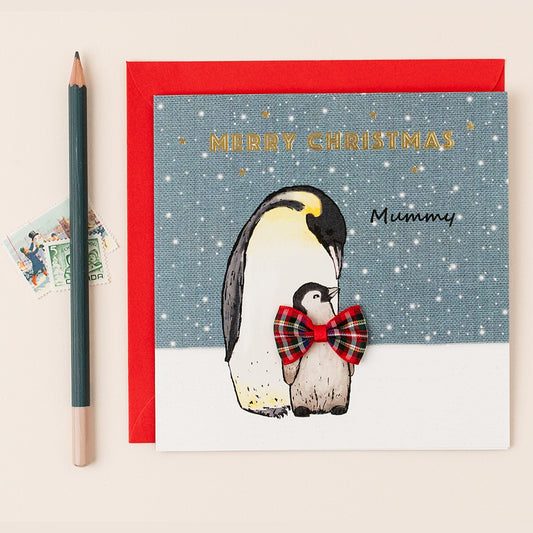 Christmas card for Mummy – Penguin with tartan bow