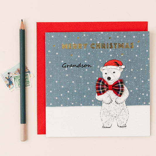 Christmas card for Grandson – Polar Bear with tartan bow