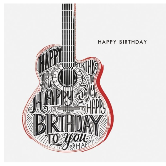 Greeting card with a guitar design and 'Happy Birthday' text on a white background