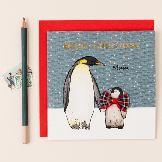 Christmas card for Mum – Penguins with tartan bow