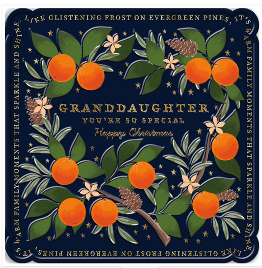 Christmas card for Granddaughter – Orange & Pine design with gold foil