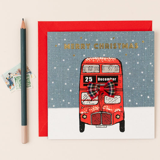 London Christmas card – Red Bus with tartan bow