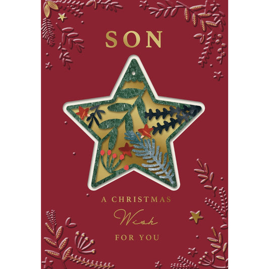 Christmas card with a star ornament on a red background, featuring the word 'Son'.