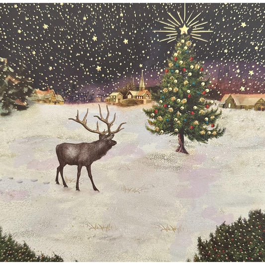 Deer standing in a snowy landscape with a decorated Christmas tree under a starry night sky.